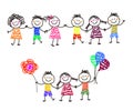 Various kids and balloons on a white background. Children`s drawing. Vector